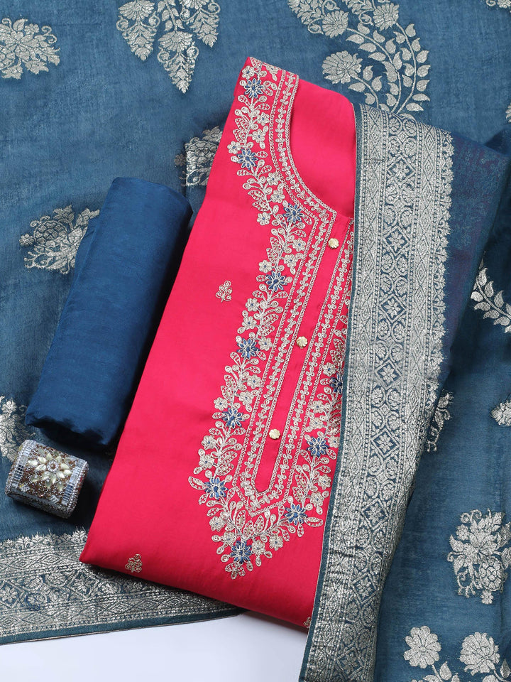Hot Pink Embroidered Chanderi Unstitched Suit &amp; Pant With Banarsi Dupatta