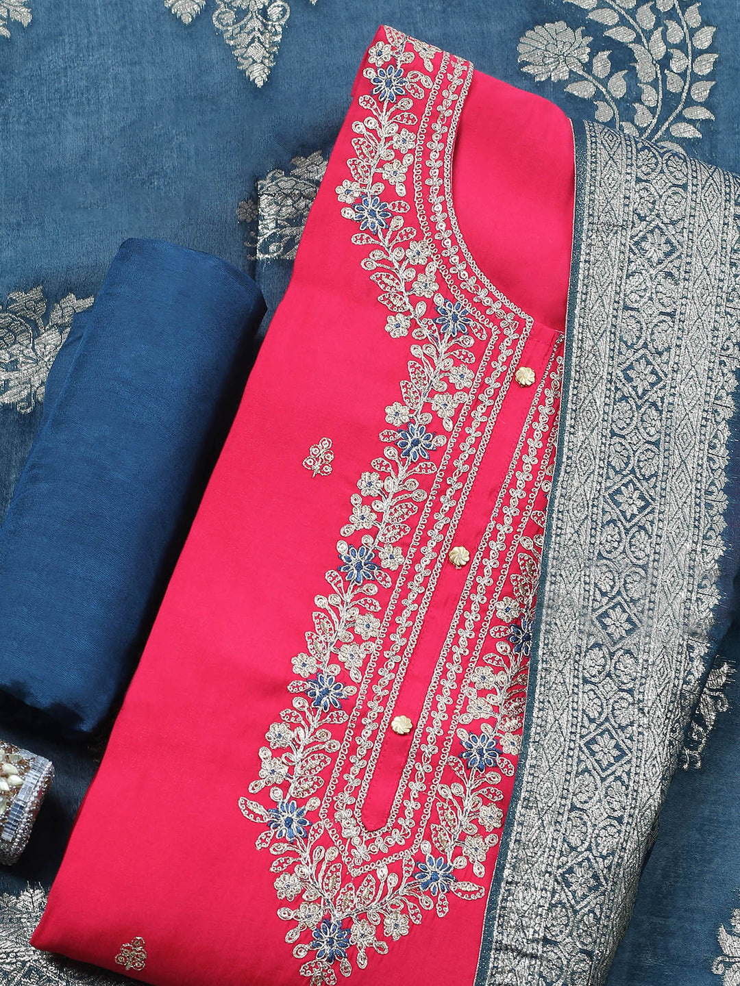 Hot Pink Embroidered Chanderi Unstitched Suit &amp; Pant With Banarsi Dupatta