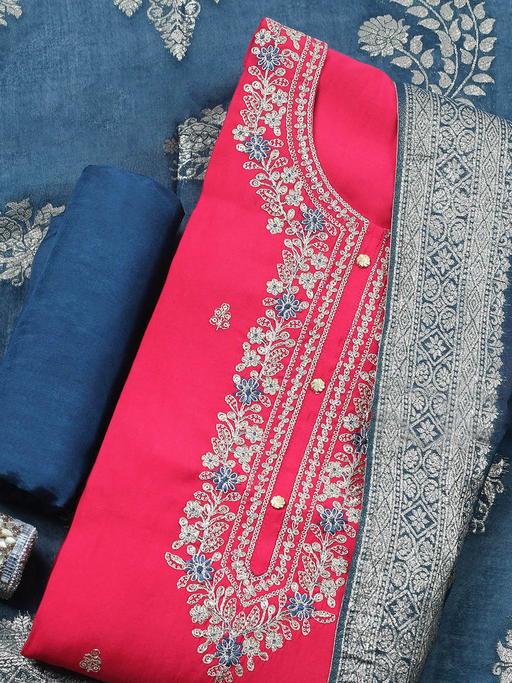 Hot Pink Embroidered Chanderi Unstitched Suit &amp; Pant With Banarsi Dupatta