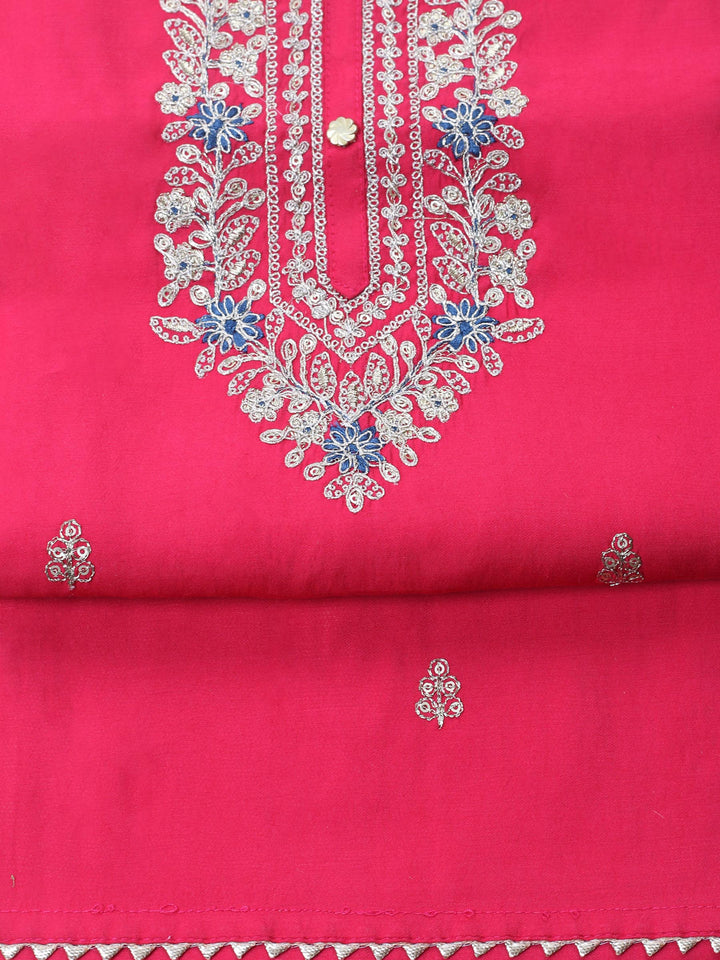 Hot Pink Embroidered Chanderi Unstitched Suit &amp; Pant With Banarsi Dupatta