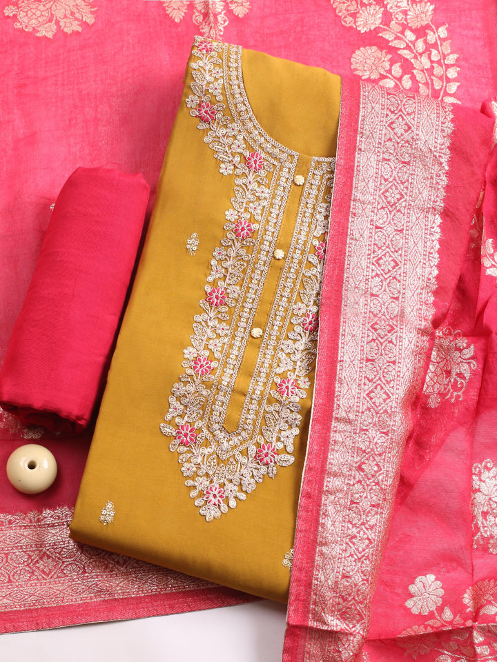 Mustard Embroidered Chanderi Unstitched Suit &amp; Pant With Banarsi Dupatta