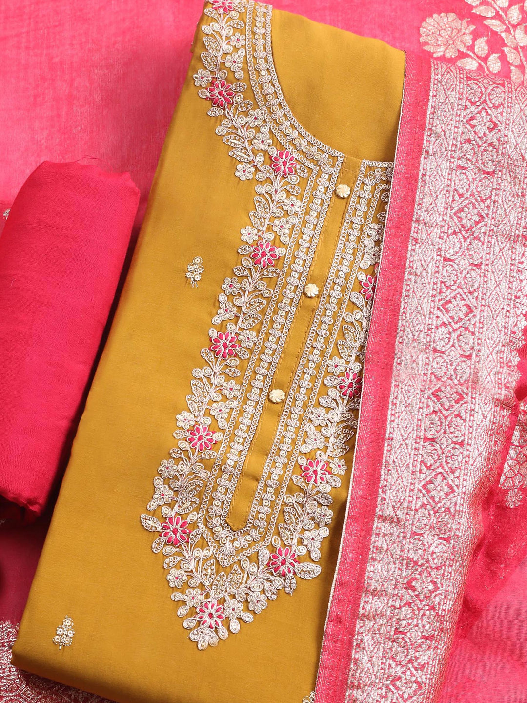 Mustard Embroidered Chanderi Unstitched Suit &amp; Pant With Banarsi Dupatta