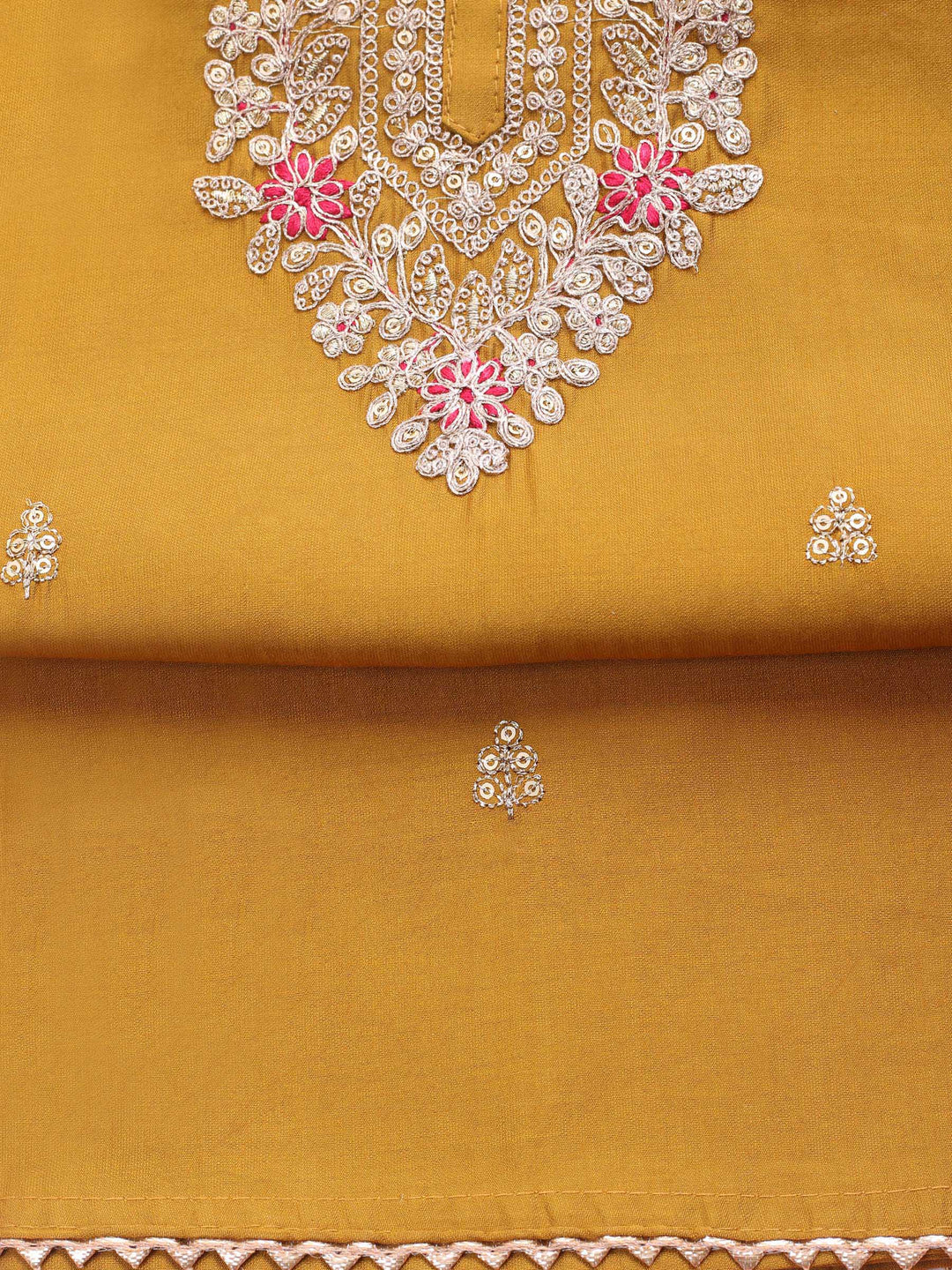 Mustard Embroidered Chanderi Unstitched Suit &amp; Pant With Banarsi Dupatta