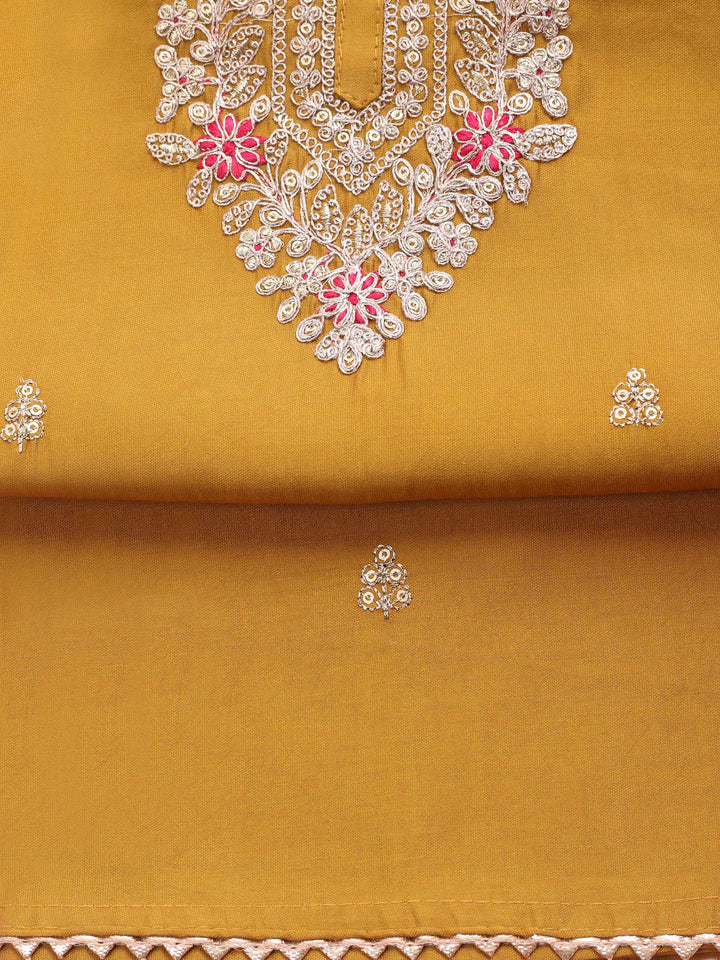Mustard Embroidered Chanderi Unstitched Suit &amp; Pant With Banarsi Dupatta