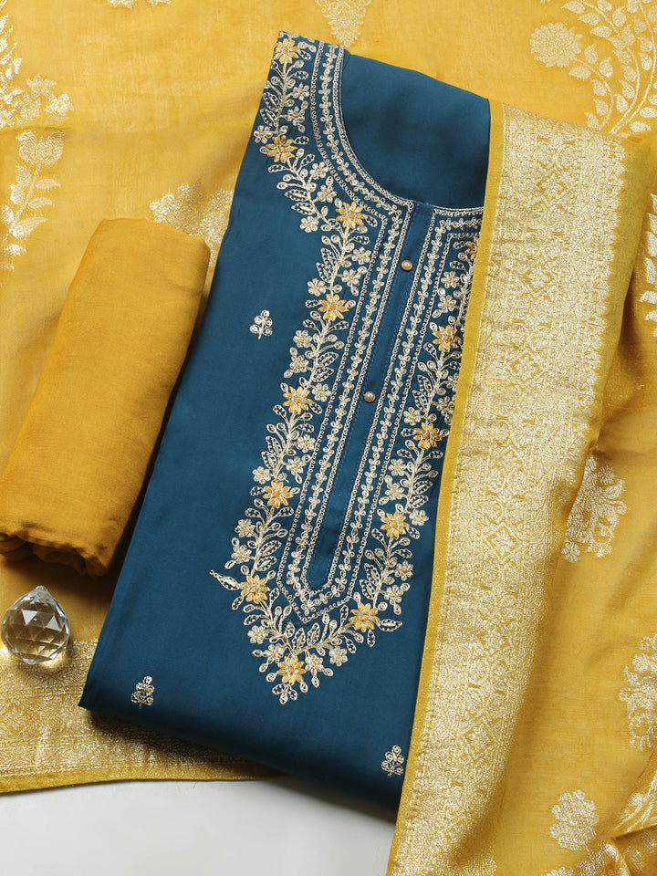 Teal Blue Embroidered Chanderi Unstitched Suit &amp; Pant With Banarsi Dupatta