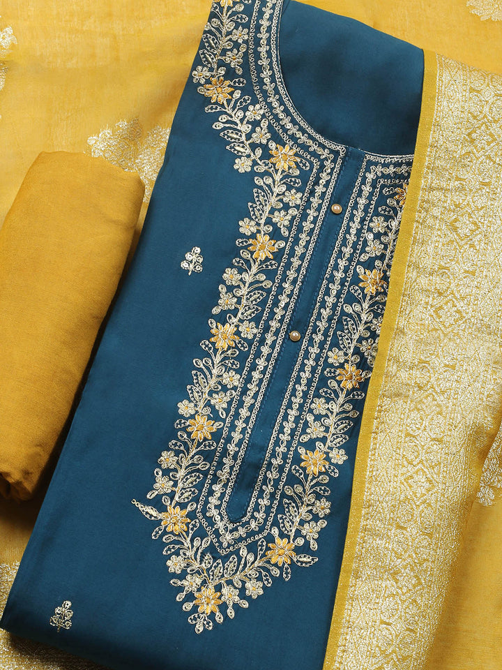 Teal Blue Embroidered Chanderi Unstitched Suit &amp; Pant With Banarsi Dupatta