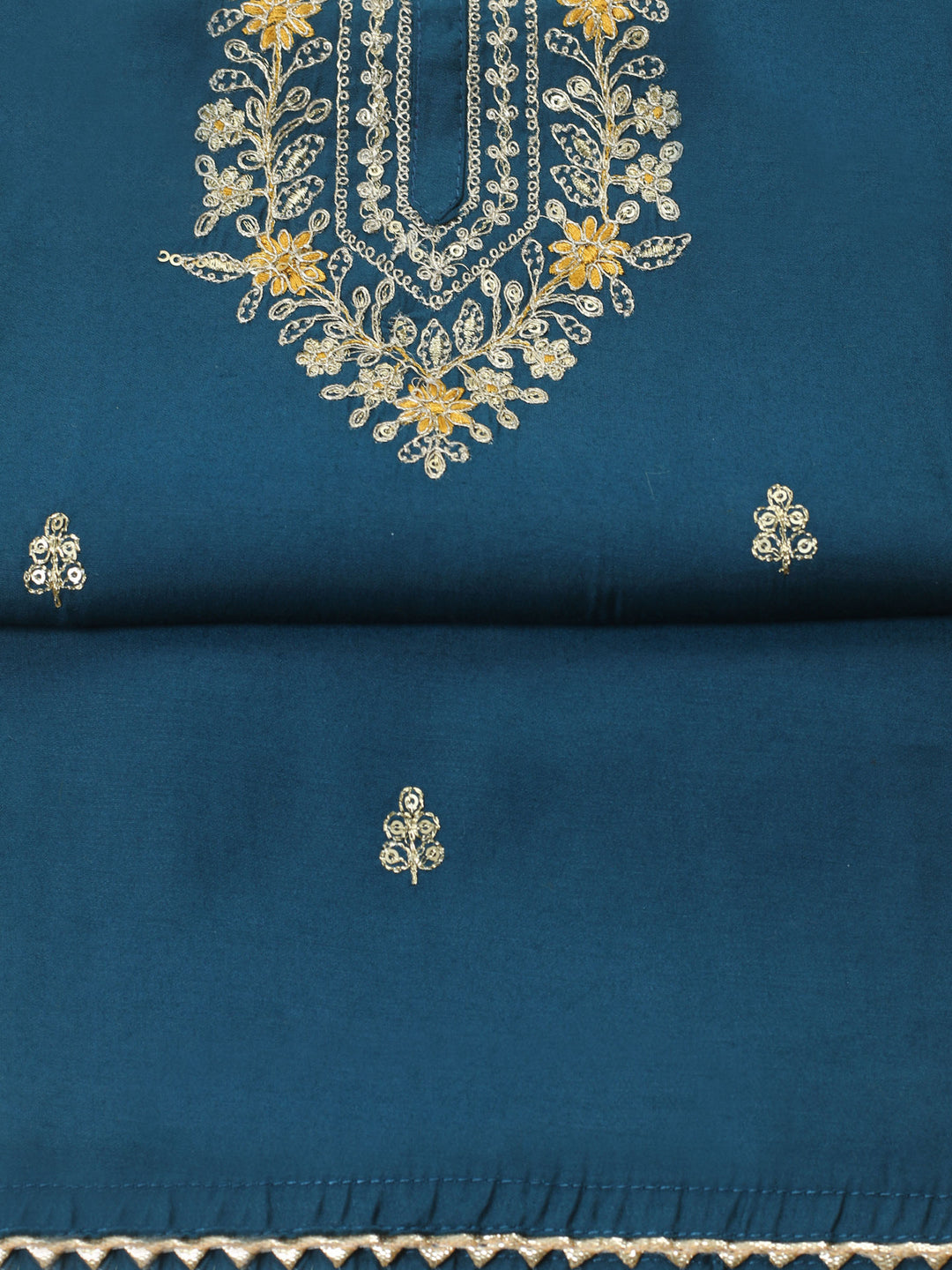 Teal Blue Embroidered Chanderi Unstitched Suit &amp; Pant With Banarsi Dupatta