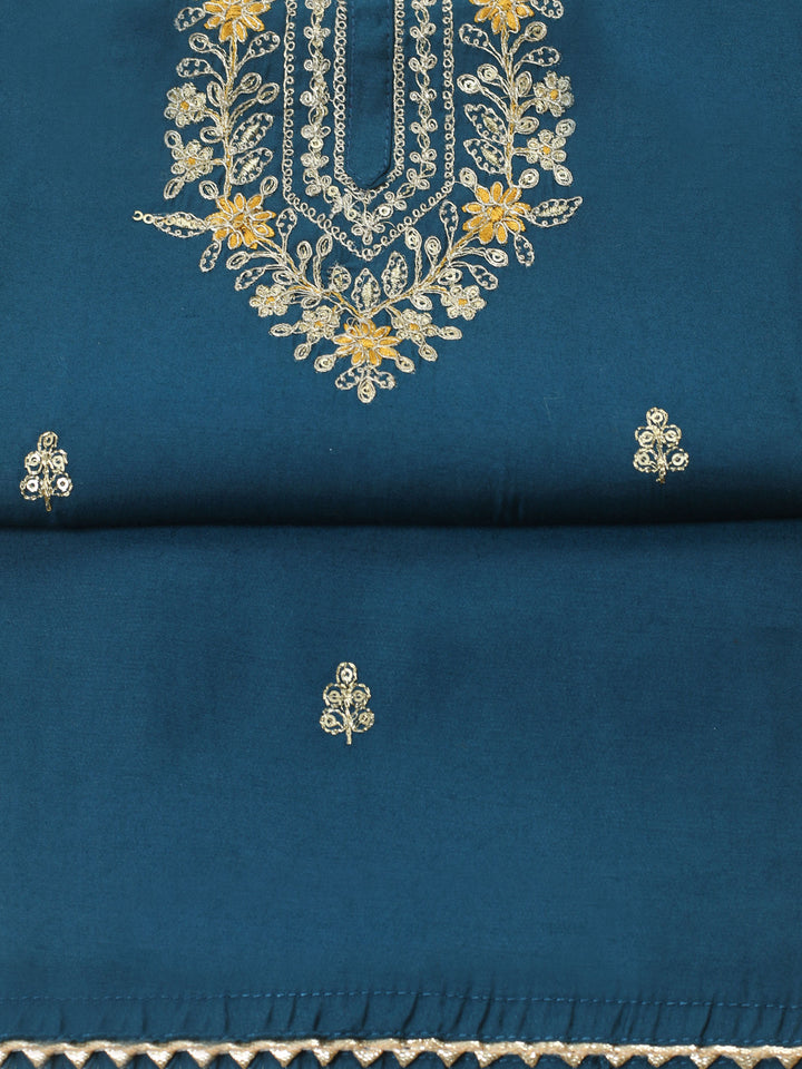Teal Blue Embroidered Chanderi Unstitched Suit &amp; Pant With Banarsi Dupatta