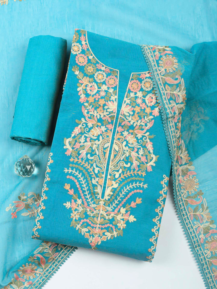 Grey Blue Embroidery Chanderi Unstitched Dress Material