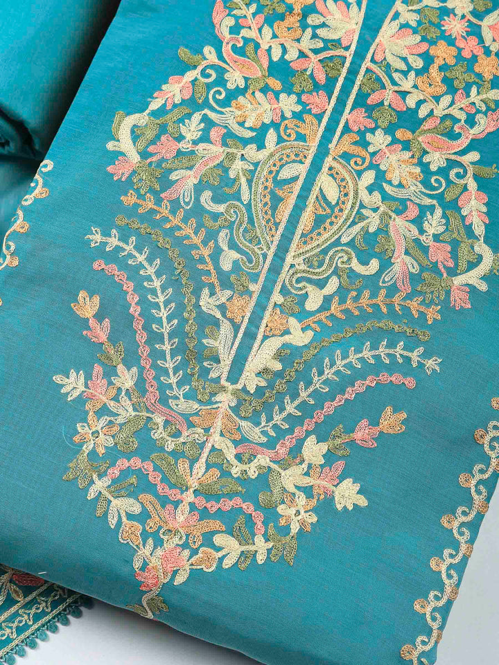Grey Blue Embroidery Chanderi Unstitched Dress Material