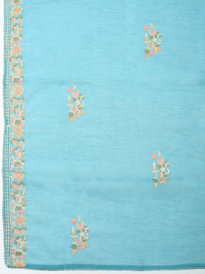Grey Blue Embroidery Chanderi Unstitched Dress Material