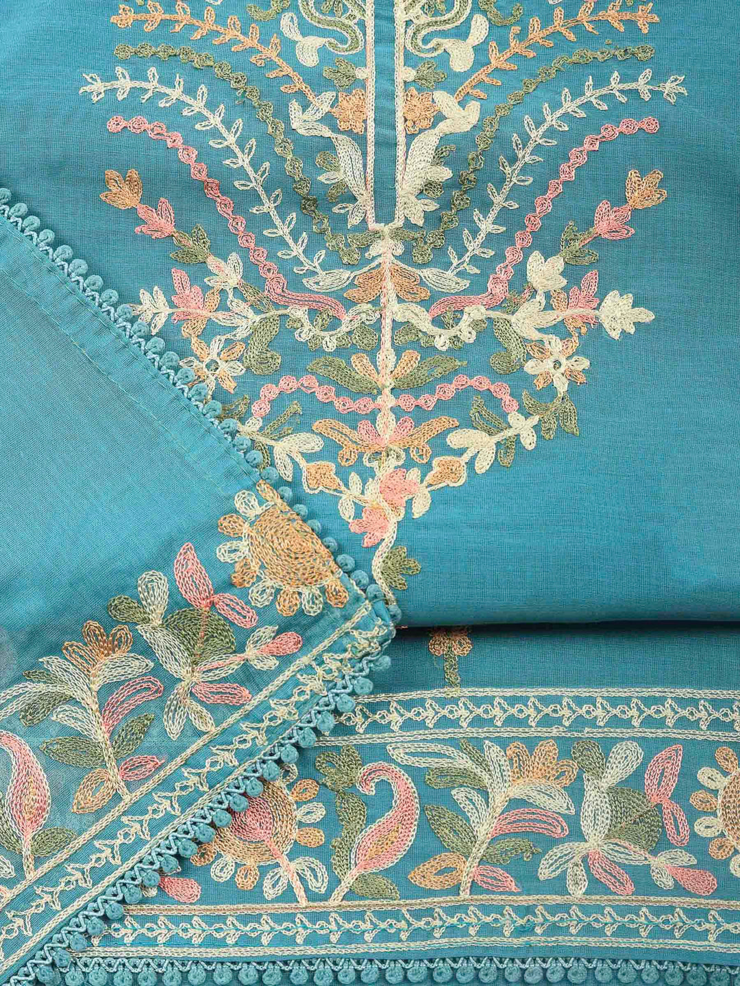 Grey Blue Embroidery Chanderi Unstitched Dress Material