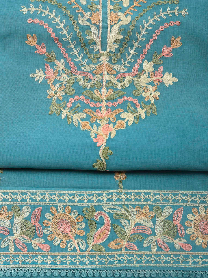 Grey Blue Embroidery Chanderi Unstitched Dress Material