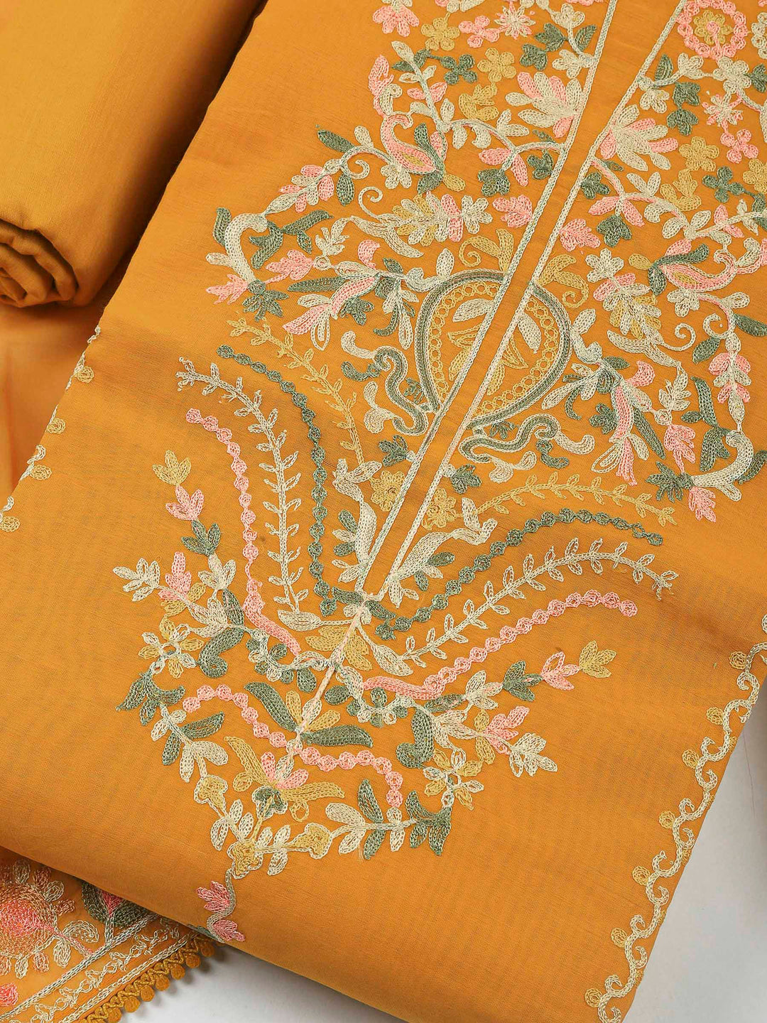 Mustard Embroidery Chanderi Unstitched Dress Material