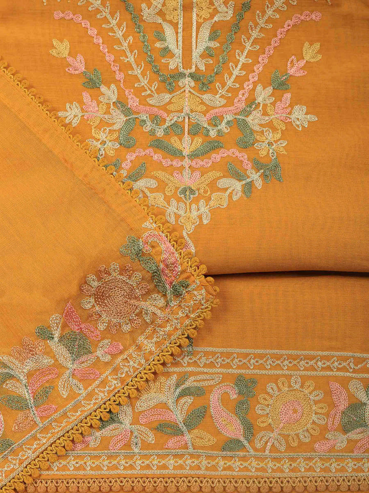 Mustard Embroidery Chanderi Unstitched Dress Material