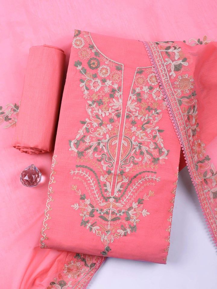 Pink Embroidery Chanderi Unstitched Dress Material