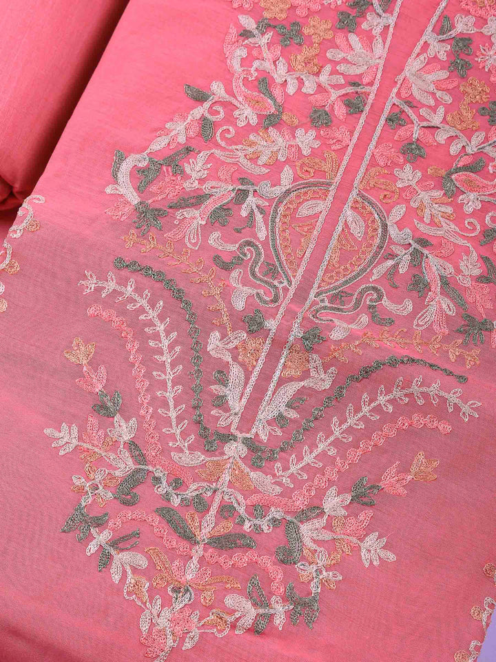 Pink Embroidery Chanderi Unstitched Dress Material