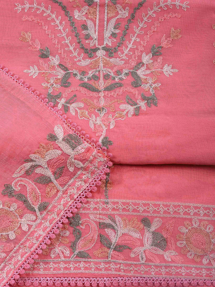Pink Embroidery Chanderi Unstitched Dress Material