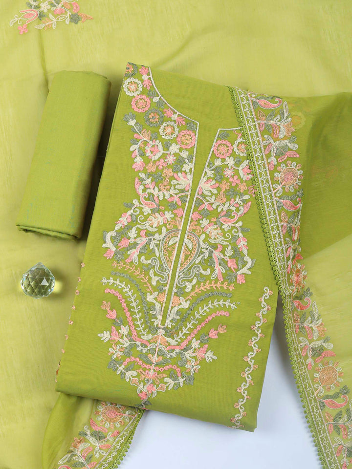 Pista Green Embroidery Chanderi Unstitched Dress Material