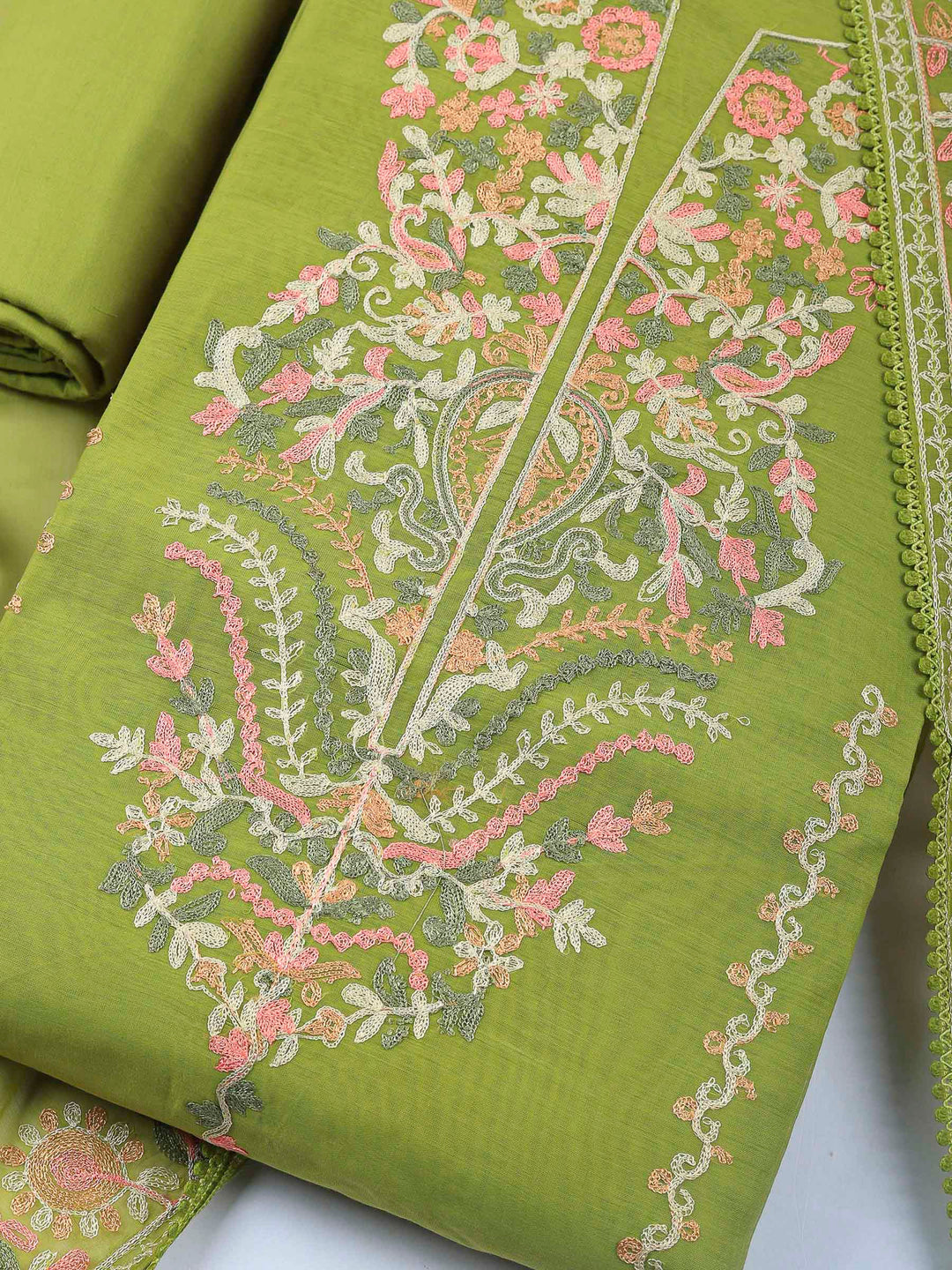 Pista Green Embroidery Chanderi Unstitched Dress Material