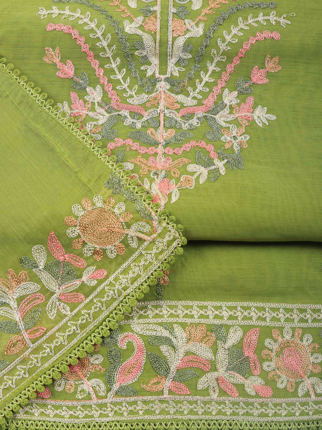 Pista Green Embroidery Chanderi Unstitched Dress Material