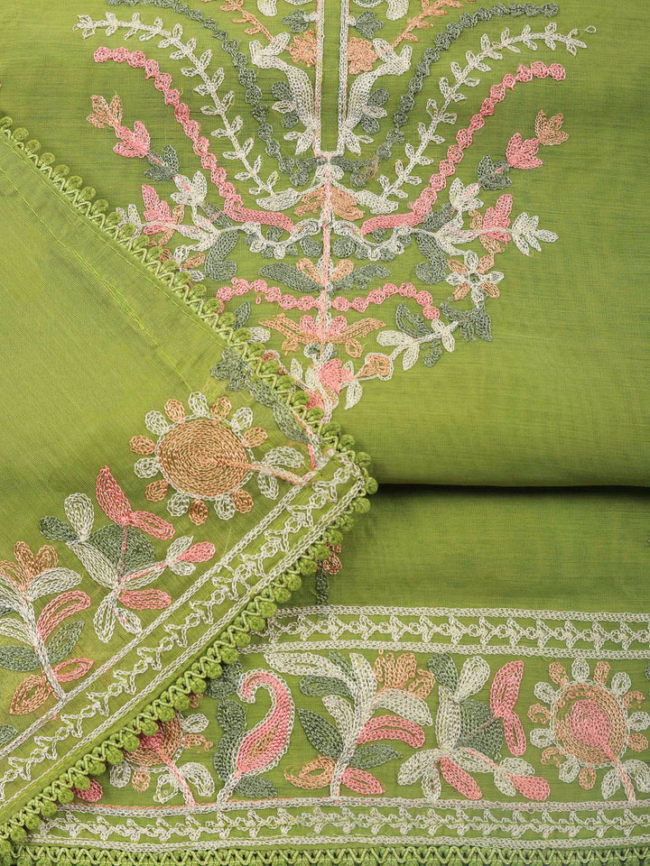 Pista Green Embroidery Chanderi Unstitched Dress Material