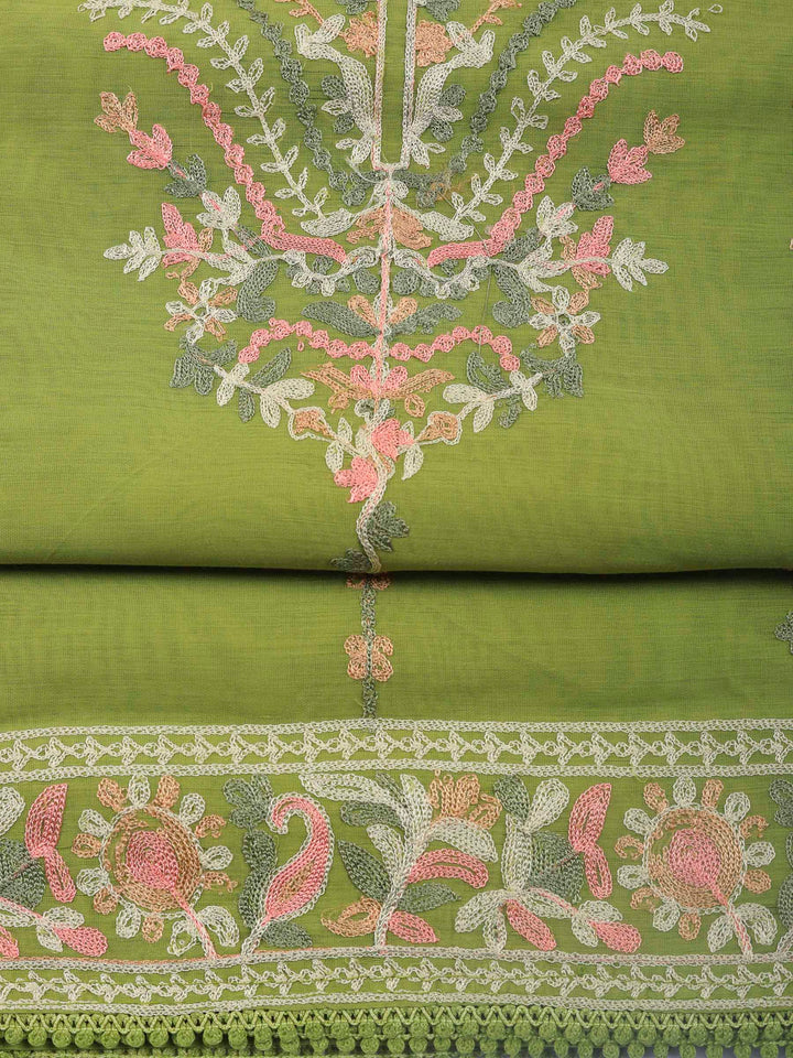 Pista Green Embroidery Chanderi Unstitched Dress Material
