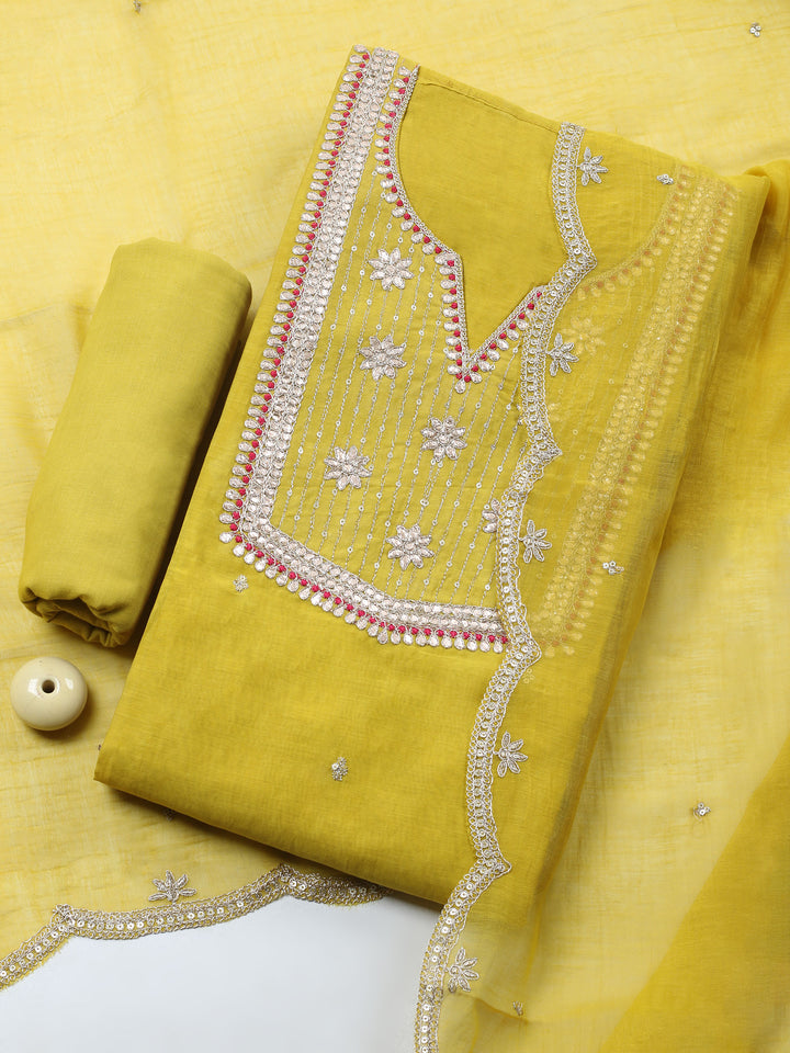 Mustard Embroidered Chanderi Unstitched Suit &amp; Pant With Banarsi Dupatta