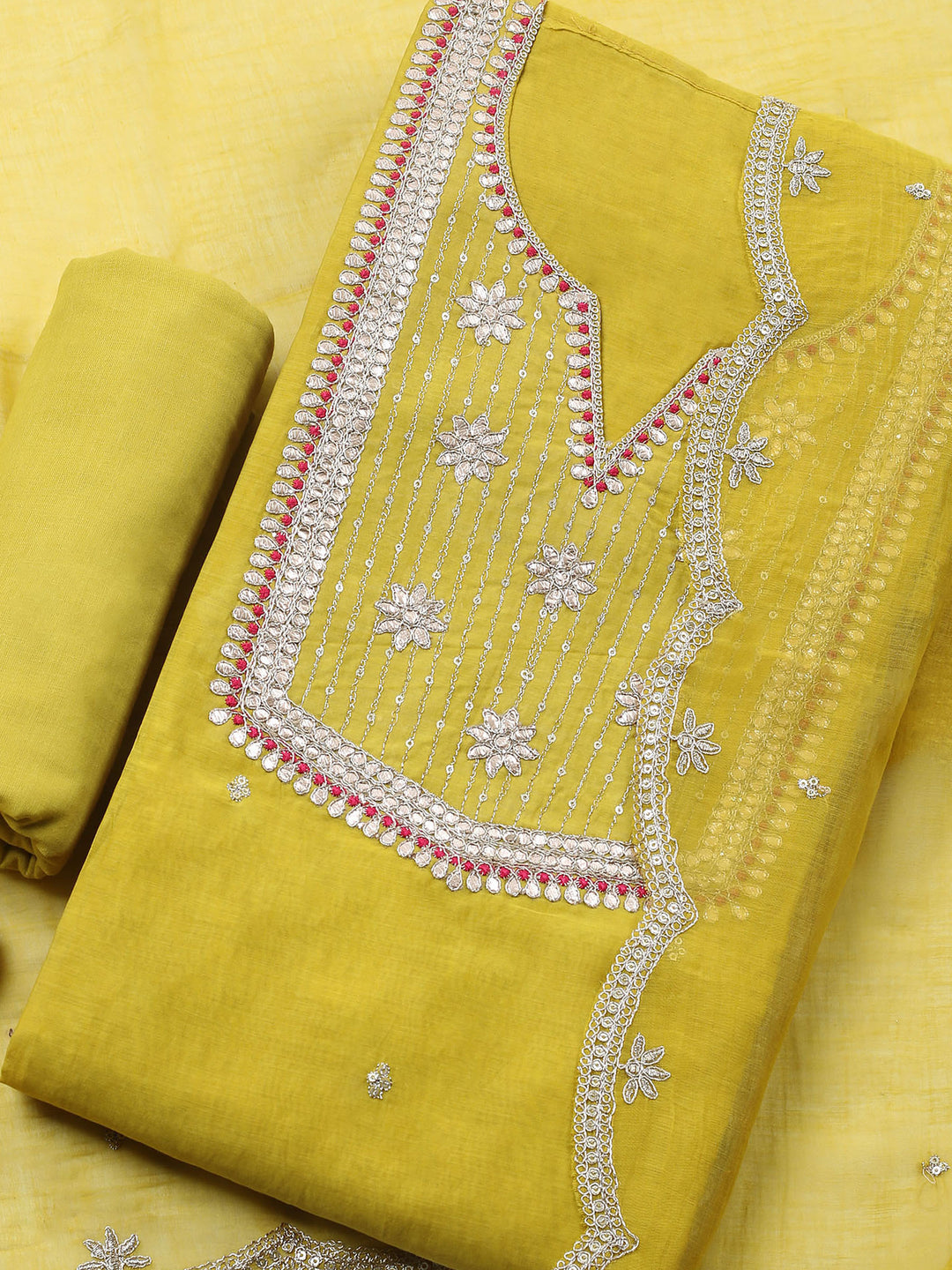 Mustard Embroidered Chanderi Unstitched Suit &amp; Pant With Banarsi Dupatta
