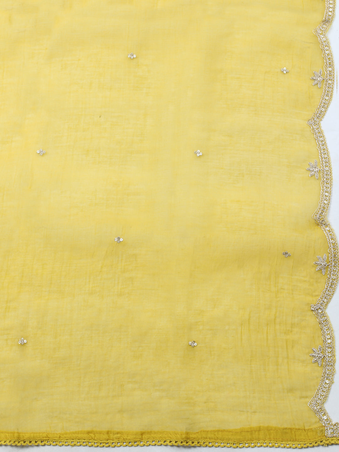 Mustard Embroidered Chanderi Unstitched Suit &amp; Pant With Banarsi Dupatta