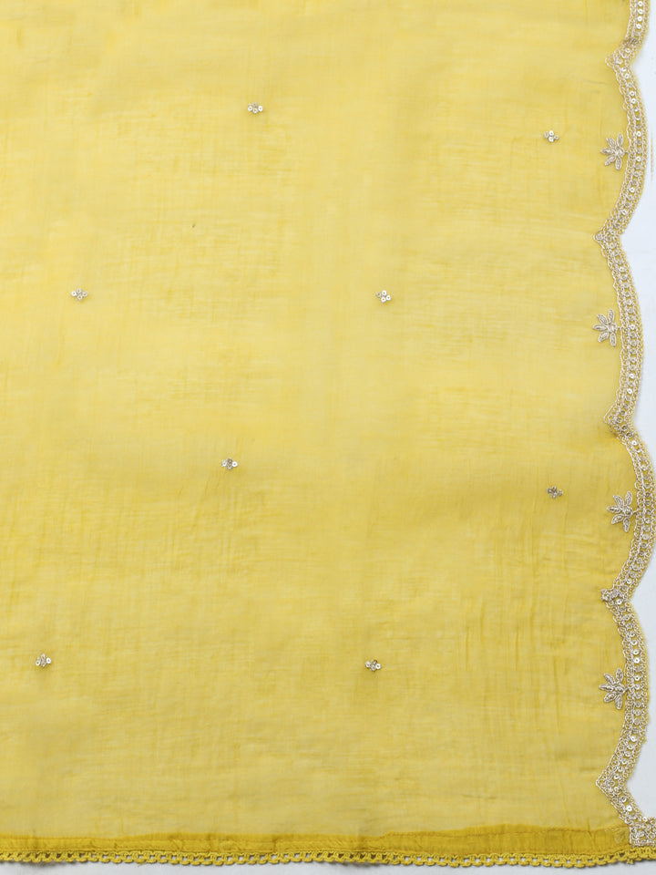 Mustard Embroidered Chanderi Unstitched Suit &amp; Pant With Banarsi Dupatta