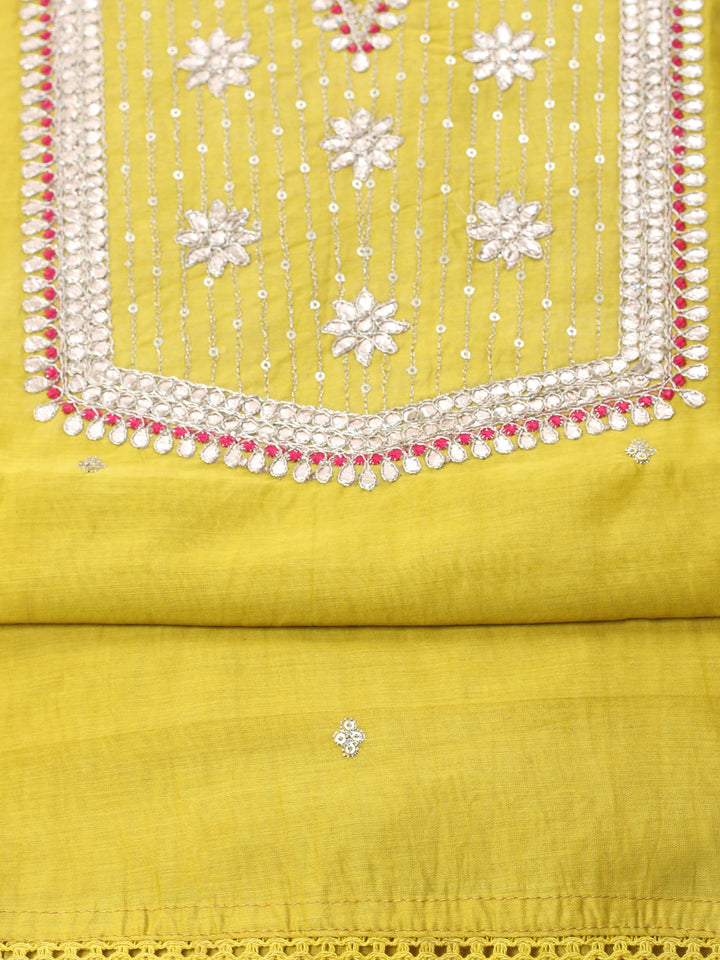 Mustard Embroidered Chanderi Unstitched Suit &amp; Pant With Banarsi Dupatta