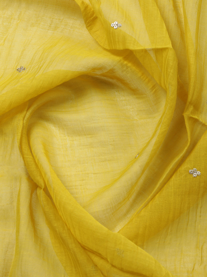 Mustard Embroidered Chanderi Unstitched Suit &amp; Pant With Banarsi Dupatta