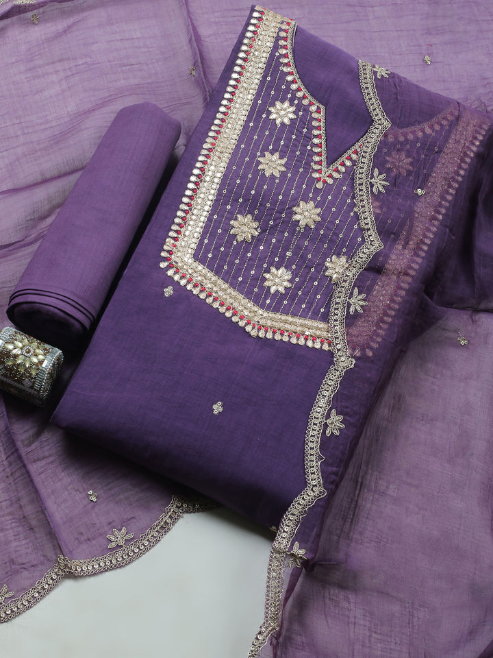 Purple Embroidered Chanderi Unstitched Suit &amp; Pant With Banarsi Dupatta