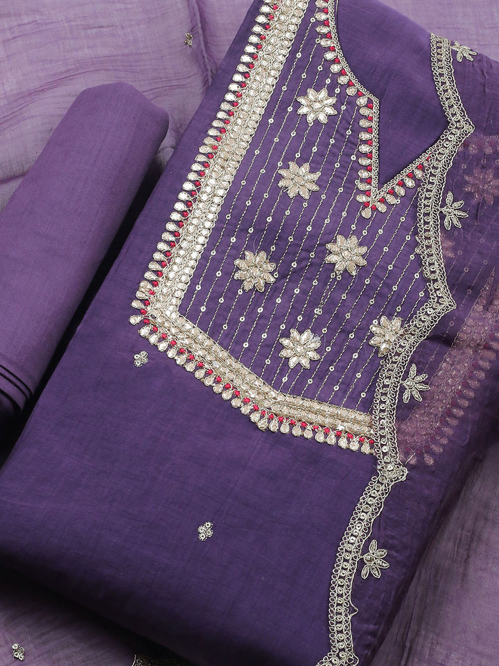 Purple Embroidered Chanderi Unstitched Suit &amp; Pant With Banarsi Dupatta