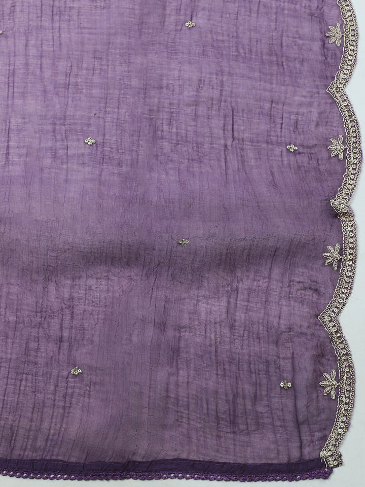 Purple Embroidered Chanderi Unstitched Suit &amp; Pant With Banarsi Dupatta