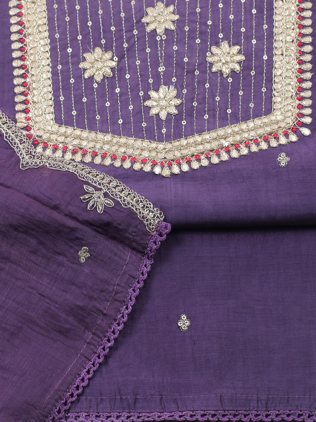 Purple Embroidered Chanderi Unstitched Suit &amp; Pant With Banarsi Dupatta