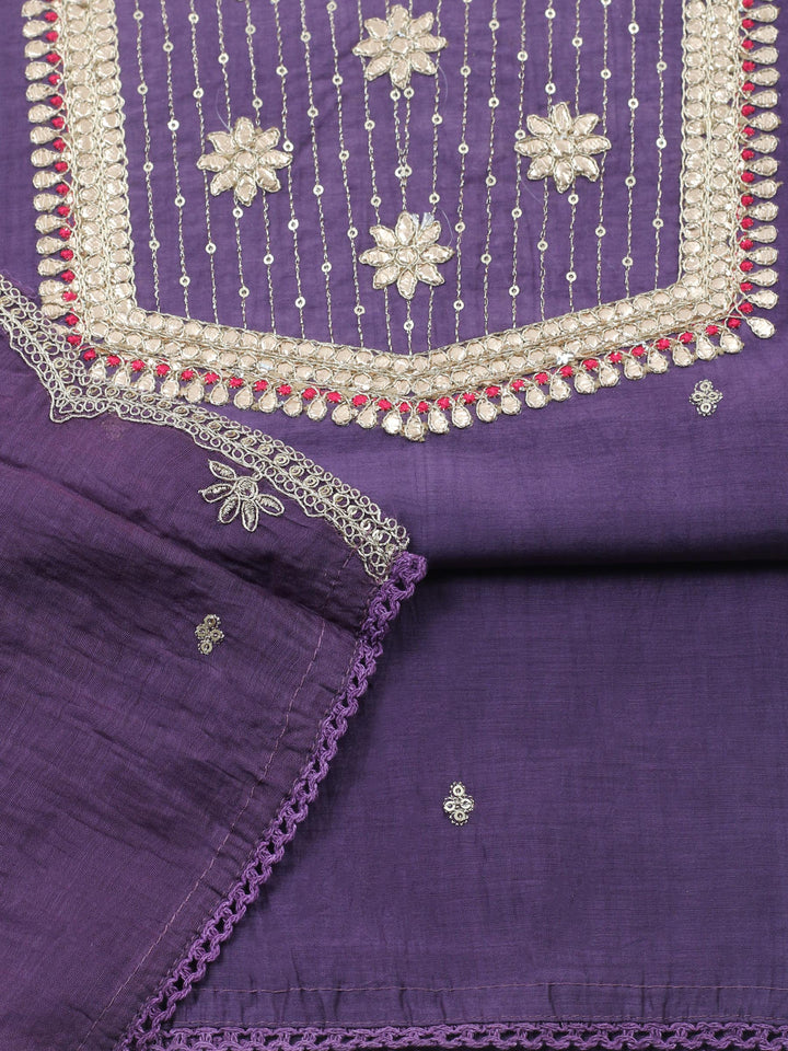 Purple Embroidered Chanderi Unstitched Suit &amp; Pant With Banarsi Dupatta
