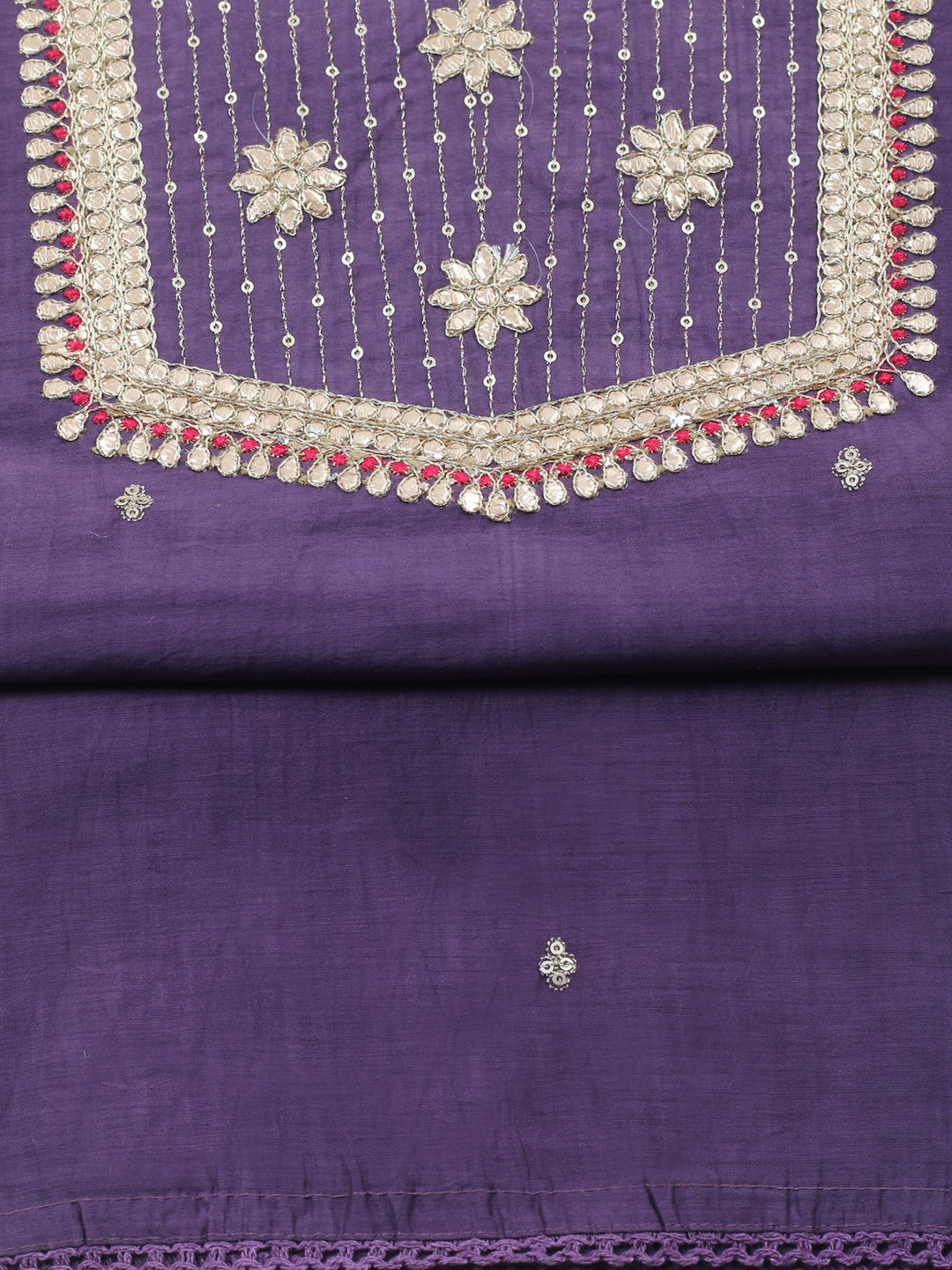 Purple Embroidered Chanderi Unstitched Suit &amp; Pant With Banarsi Dupatta