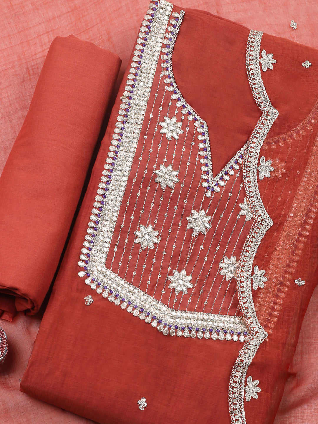 Rust Embroidered Chanderi Unstitched Suit &amp; Pant With Banarsi Dupatta
