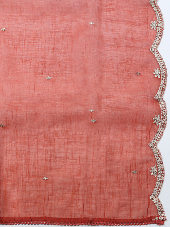 Rust Embroidered Chanderi Unstitched Suit &amp; Pant With Banarsi Dupatta