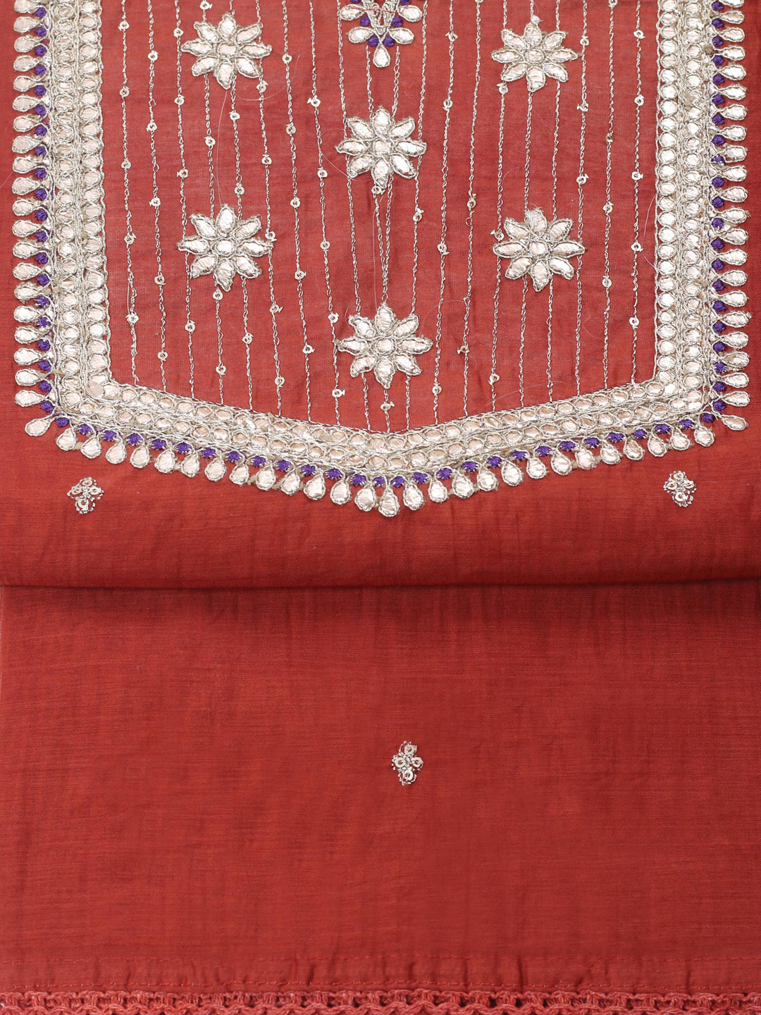 Rust Embroidered Chanderi Unstitched Suit &amp; Pant With Banarsi Dupatta