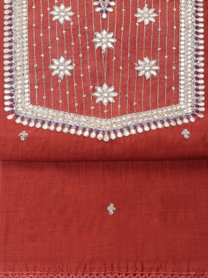 Rust Embroidered Chanderi Unstitched Suit &amp; Pant With Banarsi Dupatta