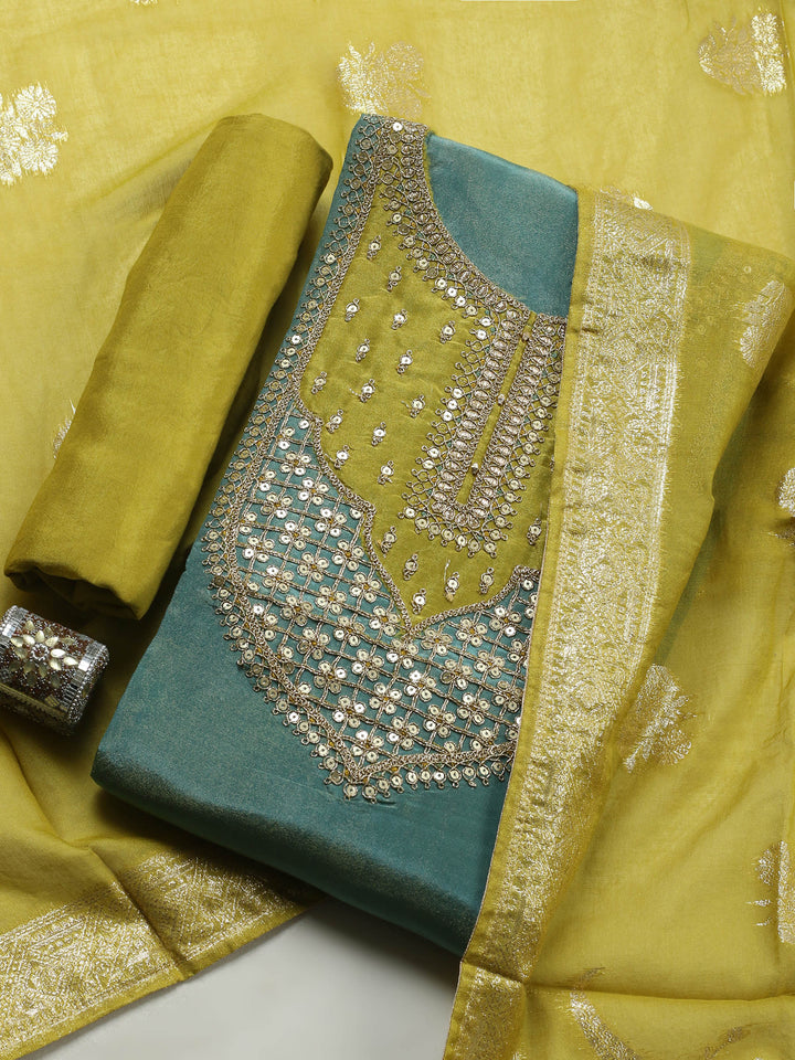 Green Embroidered Chanderi Unstitched Suit &amp; Pant With Banarsi Dupatta