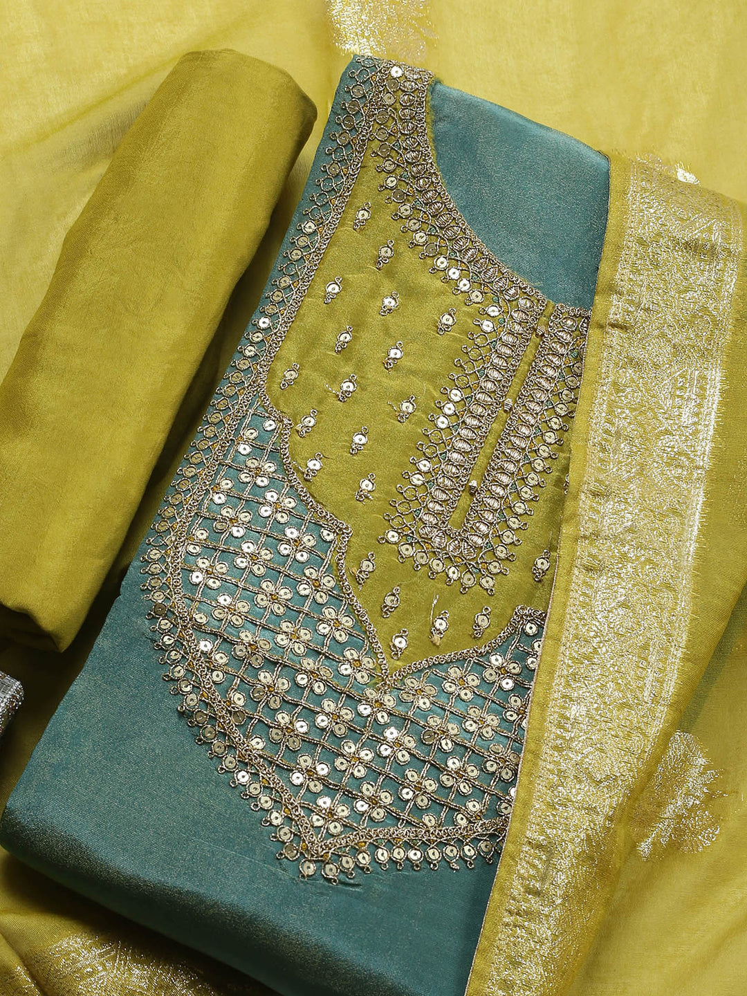 Green Embroidered Chanderi Unstitched Suit &amp; Pant With Banarsi Dupatta