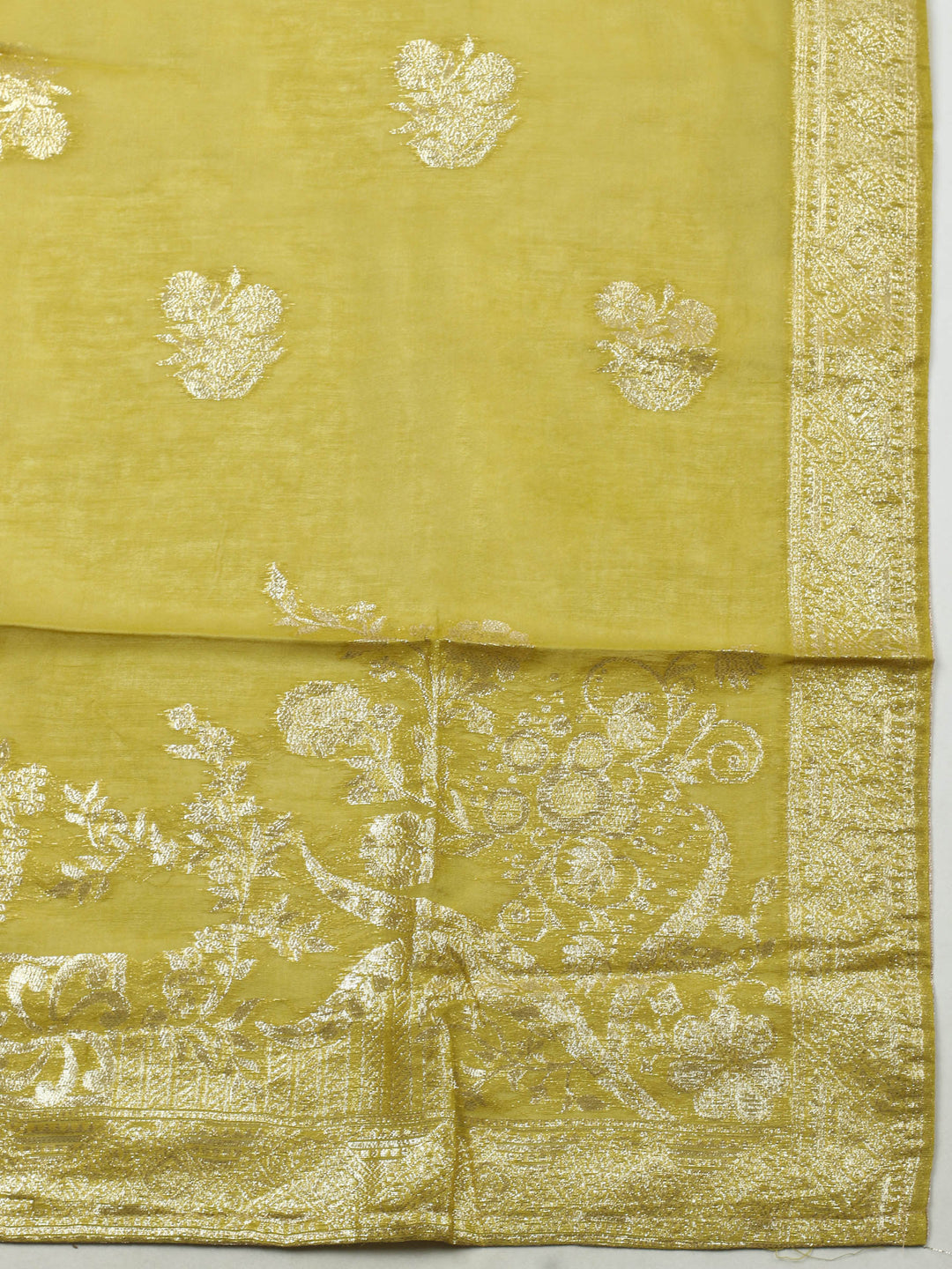 Green Embroidered Chanderi Unstitched Suit &amp; Pant With Banarsi Dupatta
