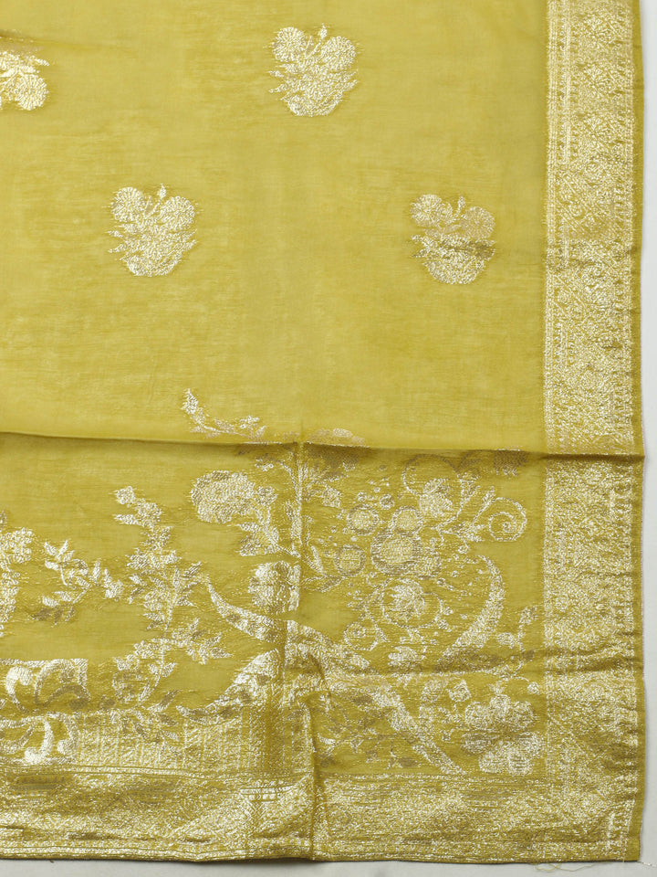 Green Embroidered Chanderi Unstitched Suit &amp; Pant With Banarsi Dupatta