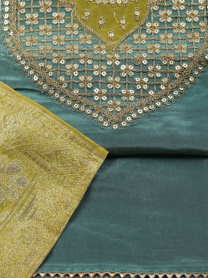 Green Embroidered Chanderi Unstitched Suit &amp; Pant With Banarsi Dupatta