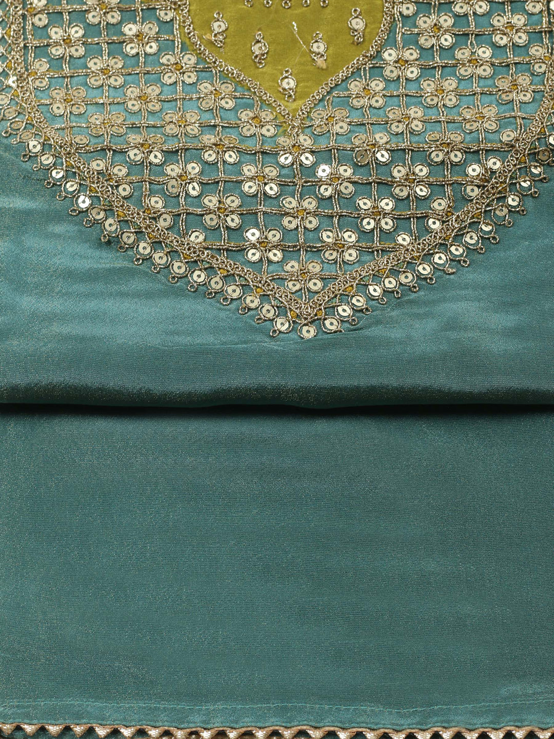 Green Embroidered Chanderi Unstitched Suit &amp; Pant With Banarsi Dupatta