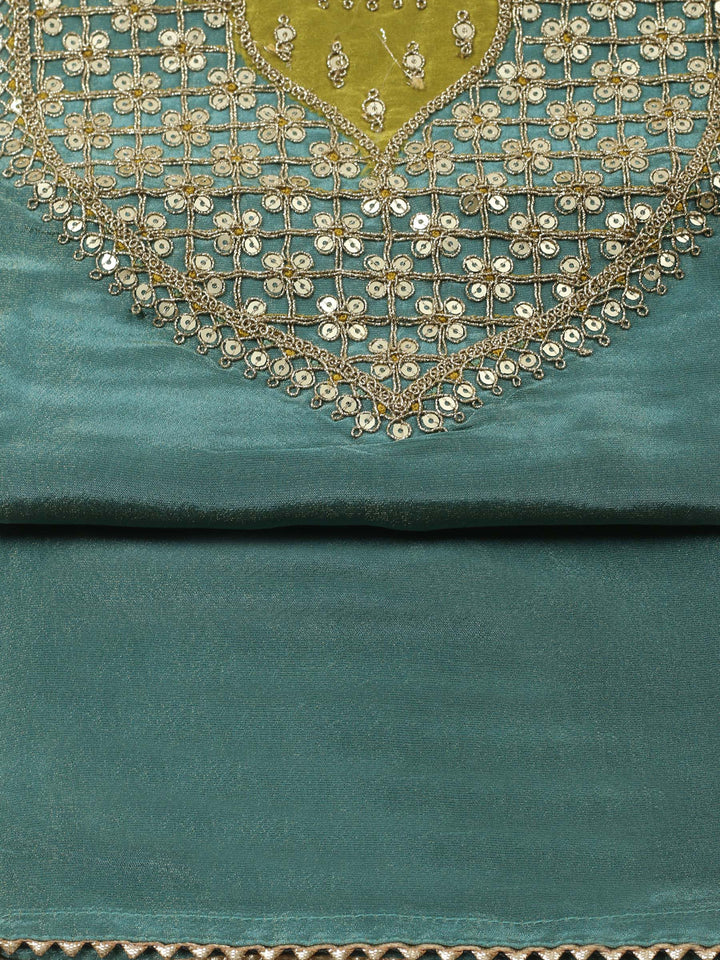 Green Embroidered Chanderi Unstitched Suit &amp; Pant With Banarsi Dupatta